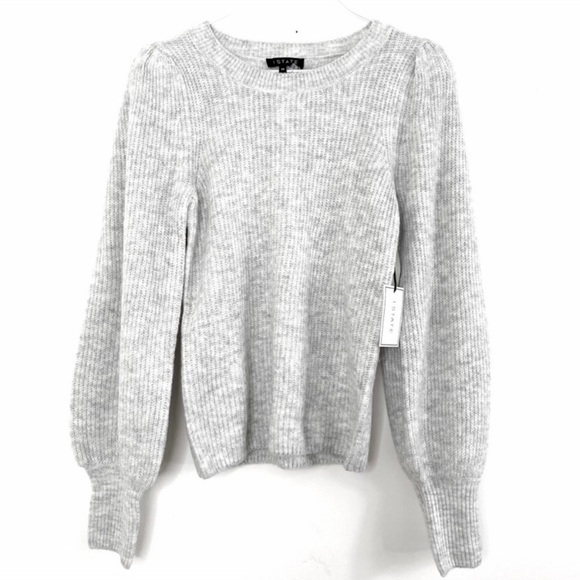 1 State Ruffle Balloon Sleeve Crewneck Rib Sweater Silver in light Gray New - Picture 3 of 8